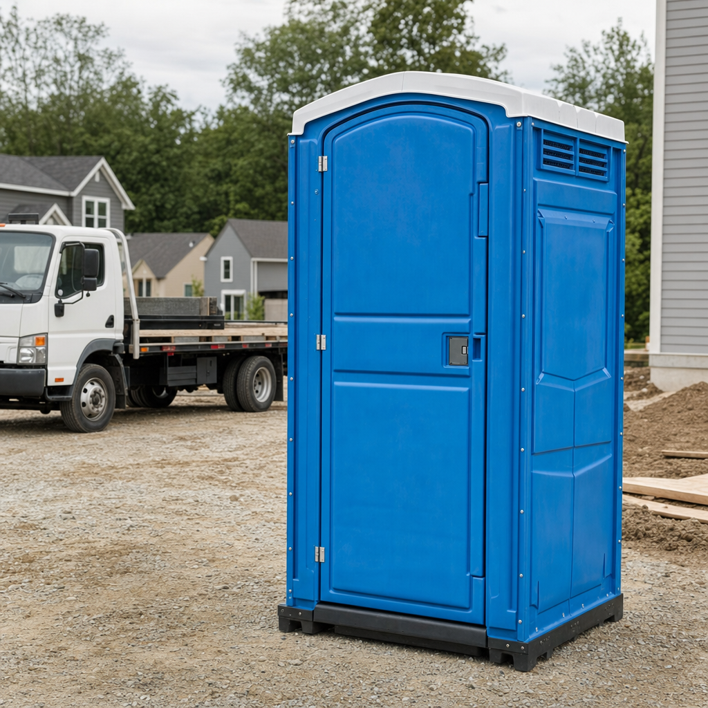 Delivery driver positioning a clean royal-blue portable toilet on level ground at a Long Island worksite