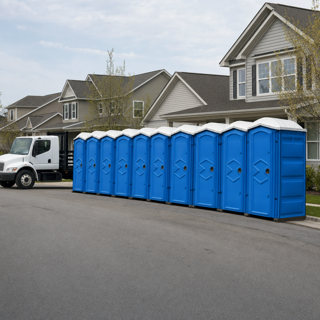Royal blue portable toilets staged in a tidy row at a Long Island jobsite, ready for delivery
